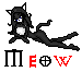 Pixel art of a black cat-like character with blue eyes and white chest, lying on a gray background with 'MEOW' text below.