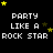 Pixelated text 'PARTY LIKE A ROCK STAR' repeated across a black background with yellow and brown stars, some frames showing star movement.