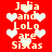 Red background with repeated white heart shapes and yellow text reading "Julia and LoLo are Sistas" in pixelated font.