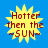 Four identical yellow starburst shapes with red text "Hotter then the SUN" on a blue background, arranged in a