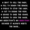 Black background with white pixelated text forming a poem about addiction, with the word 'ADDICTION' highlighted in purple.