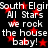 Black background with repeated white text and red star symbols in a pixelated style.