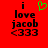 Red background with black text reading 'i love jacob <333' and a green pixelated heart symbol above the word 'love'.