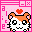 Pixelated hamster with orange and white fur, black eyes, pink heart above head, on pink background with repeating 'a' and 'e' characters.