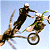 Pixelated image of three figures on a bicycle with one rider steering, all in motion against a light blue background.