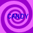 Four identical purple spiral patterns arranged in a , each containing the word CANDY in blue text