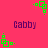 A static image with a bright pink background featuring multiple green pixelated square icons and purple text reading 'Gabby' in four positions.