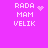 Pixelated text 'RADA MAM VELIK' on bright pink background with animated heart and star effects.