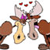 Pixelated cartoon figure with brown limbs, light-colored torso, and purple accents, holding a yellow guitar-like instrument with a black circular detail.