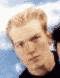 Five pixelated images of a person with light brown hair against a blue sky background, showing different angles and expressions.