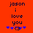 Red background with dark blue text reading 'jason i love you' and a of purple stars and a heart symbol below the text