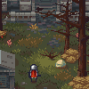 Pixel art scene showing a knight in red and silver armor standing on grassy terrain with trees, rocks, and stone structures in the background.
