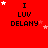 Red background with black text 'I LUV DELANY' and white/pink star animations across three of four icons each