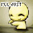 A 4-frame animated contact sheet showing a yellow stick figure character with closed eyes and a slight smile performing a running motion, each frame displaying different text above the character.