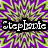 Pixelated static icon with a black rectangular text box containing the name 'Stephanie' in white block letters over a purple and green abstract patterned background.