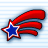 A pixelated star with a blue center, white outline, and red border emits three thick red trails against light blue horizontal stripes.