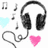 Pixelated image of black headphones with coiled wires, pink and light blue hearts, musical notes, and 'My Love' text in blue.