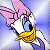 Pixelated cartoon character with pink bow, blue eyes, yellow beak, and white face against light blue gradient background.