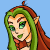 Animated contact sheet of a pixel-art elf character with green hair and brown highlights, showing 20 sequential frames of blinking animation against a solid light blue background.