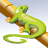 Pixelated green chameleon clinging to a brown branch with orange accents on its limbs and body, set against a light blue gradient background.
