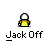 A 4-frame contact sheet of a pixel art buddy icon showing a yellow stick figure with white helmet and black outline, each frame labeled "Jack Off" in stylized text below the figure.