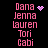 Pixelated pink text names on black background with animated pink heart and dot patterns changing across frames.