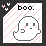 Pixelated ghost icon with pink blush, black eyes and mouth, 'boo.' text above, light red diagonal stripes background, small white/pink hearts in top-left corner.