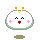 Pixel art contact sheet showing two frames of an animated buddy icon with a white rounded character, orange and yellow antennae, pink blush marks, red mouth, green base, and floating red cross symbols.