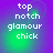 Pixelated text 'top notch glamour chick' on a purple-to-green gradient background with subtle circular patterns.