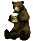 Brown bear sits holding a mug with 'OJ' text, displaying subtle animation changes across three of frames