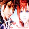 Two anime-style characters with red hair stand close together, one with a slight smile and the other with a neutral expression, surrounded by small red hearts.