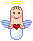 Pixelated angel icon with brown hair, blue wings, white robe, and red heart held in hands; yellow halo above head.