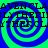 A static digital image with four spiral patterns and repeated text in a pixelated style.