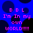 Blue background with black circles and pink text reading "BBL I'm In my own world!!!!!" in pixelated font.