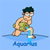 Pixelated cartoon character in green shorts and blue water shoes standing on a surfboard with light blue background.