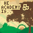 Pixelated image of a tree with green grass and beige sky, text "THE ACADEMY IS." in yellow block letters at top left.