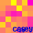 A pixelated of orange, pink, and yellow squares with four instances of the text 'casey' in blue lowercase letters positioned across the image