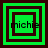 Four green square with dark brown borders display the text 'michie' in black pixelated font, each showing a different nested square configuration