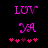 Pixelated pink text 'LUV' above stylized 'YA' with five heart symbols below on black background.