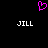 A static pixel art icon with a black background, featuring a pink heart symbol above two white 'JILL' text labels.