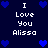 Dark blue background with white pixelated text reading "I Love You Alissa" and multiple small blue heart icons arranged around the text.