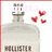 A pixelated bottle with 'Hollister' text, red hearts, and changing pink text above it.