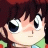 Pixelated anime-style character with brown hair and large blue eyes, wearing a green and blue outfit, next to black background with white text.