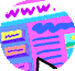 Animated sequence showing a stylized web browser interface with 'WWW' text, a cursor clicking through pages, and a beach scene with umbrellas in the final frame.