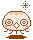 Pixel art contact sheet showing two animated frames of a round brown-and-white cartoon character with spiral eyes and blush marks, each frame featuring a small starburst above the head on a gray background.