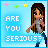 Pixel art icon of a girl with long brown hair holding a phone, surrounded by stars and text reading 'ARE YOU SERIOUS?' in varying color schemes.