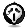 Two circular black-and-white icons with white ghostly faces, each featuring a wide open mouth and dark eye sockets; the left icon has visible pixel damage on its right cheek.