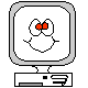 Pixelated cartoon face with red eyes inside a rounded square frame, showing two distinct eye states on a gray background.