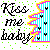 Pixelated graphic with 'Kiss me baby' text, cyan vertical stripes, pink and yellow outlines, green dots on white background.