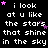 Black background with white pixelated text repeating 'i look at u like the stars that shine in the sky' and scattered pink/purple star symbols.